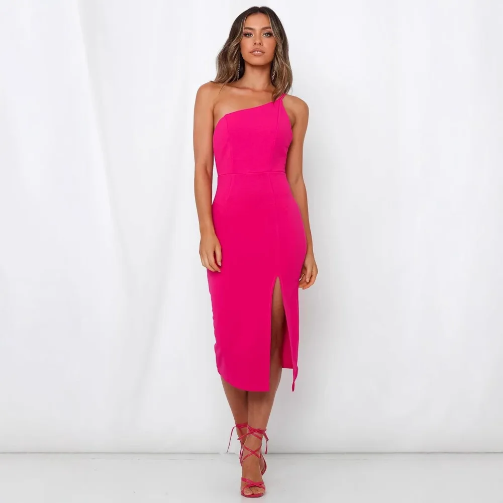 2025 봄/여름 새로운 오프 숄더 섹시한 가방 엉덩이 슬리밍 중간 길이 스트랩 드레스 8623