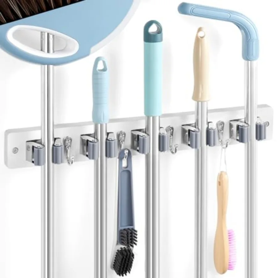 

White Broom Holder Wall Mount - Heavy Duty Wood Mop and Broom Organizer with 5 Slots and 4 Hooks - Garden Tool Hanger for Laund