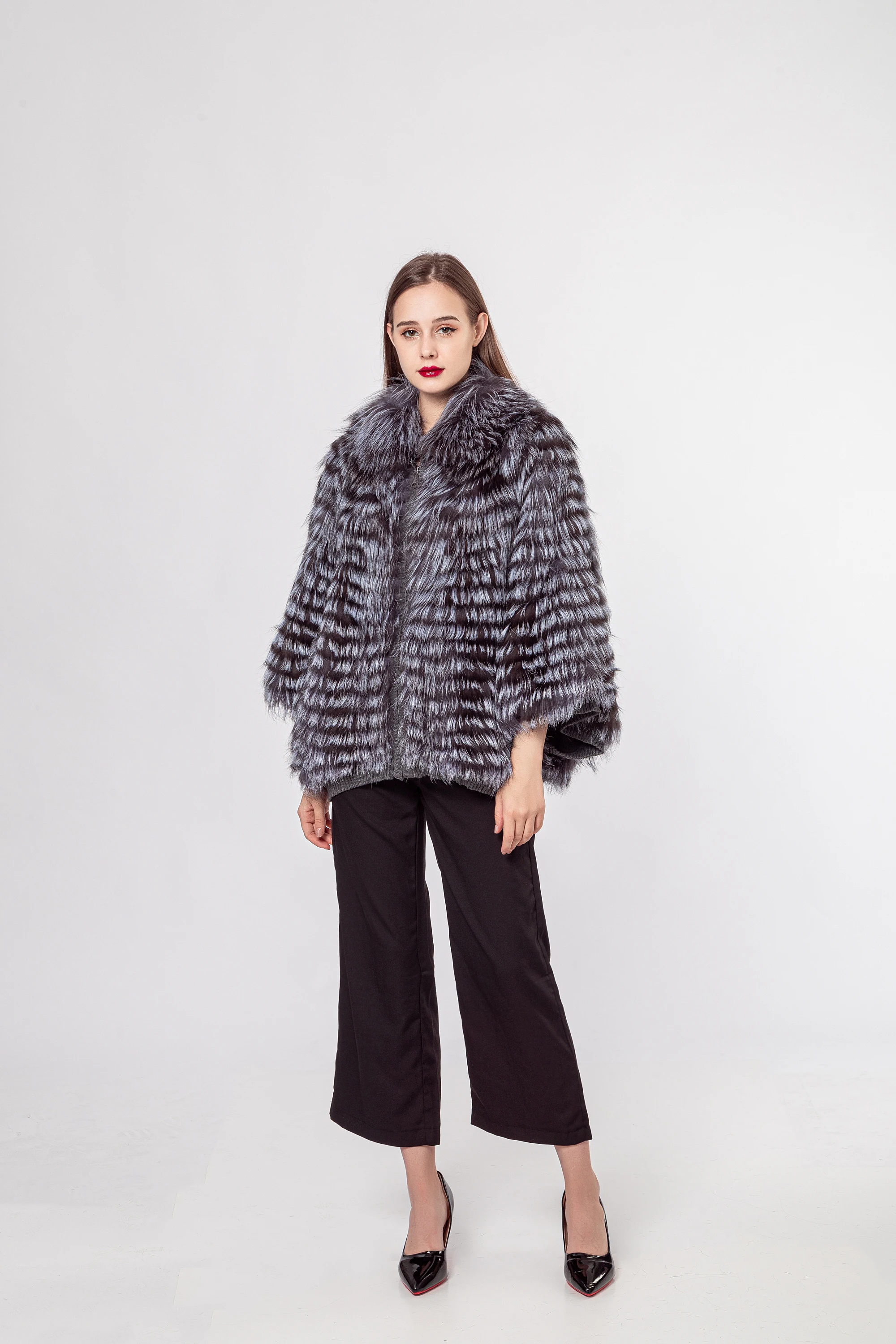 シルバーフォックスファーストライプコート、大きなカフス付き、本物、210727