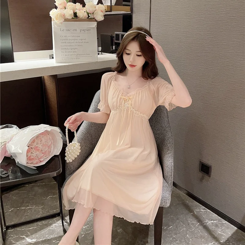 Sweet Mesh Night Dress Princess Sleepwear Nightwear Lace Sexy V Neck Half Sleeve Nightgown Fairy Women Loose Cute Nightdress