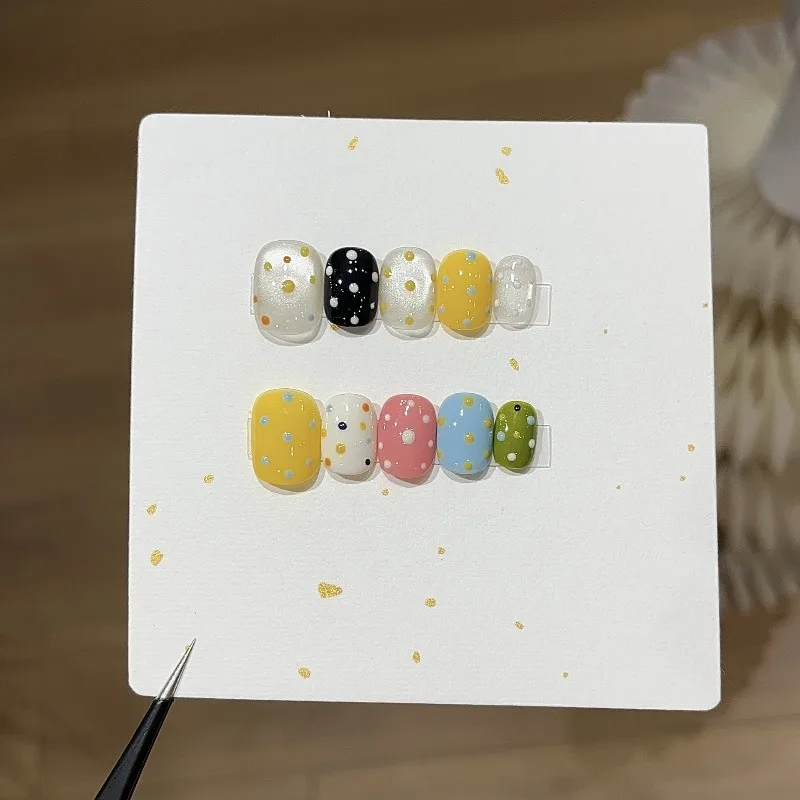 

10PCS Colorful Polka Dots Short Squoval Handmade Press on Nails Candy Color Fresh Cute False Nails Wearable Fashion Sweet Nails