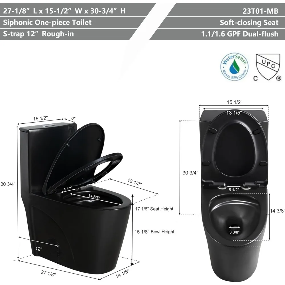 Extended Integrated Dual Flush Toilet 1.1/1.6 GPF Powerful and Quiet, Compact Commercial 12 Inch Rough Toilet