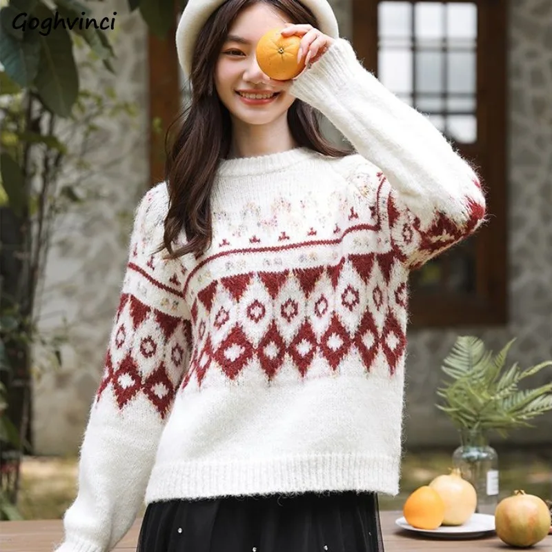 

Pullovers Women Argyle Lazy Style Korean Fashion Vintage Christmas Jacquard Sweater Autumn Winter Gentle Stylish O-neck Knitted