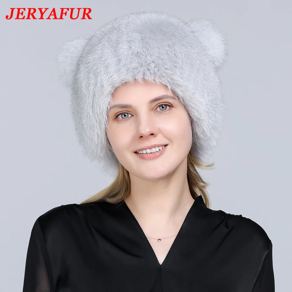 JINGERYA Real Fox Fur Hats Russian Women Knittd Cap brand high quality Hand sewing Winter Beanies Natural fur Snow Hat