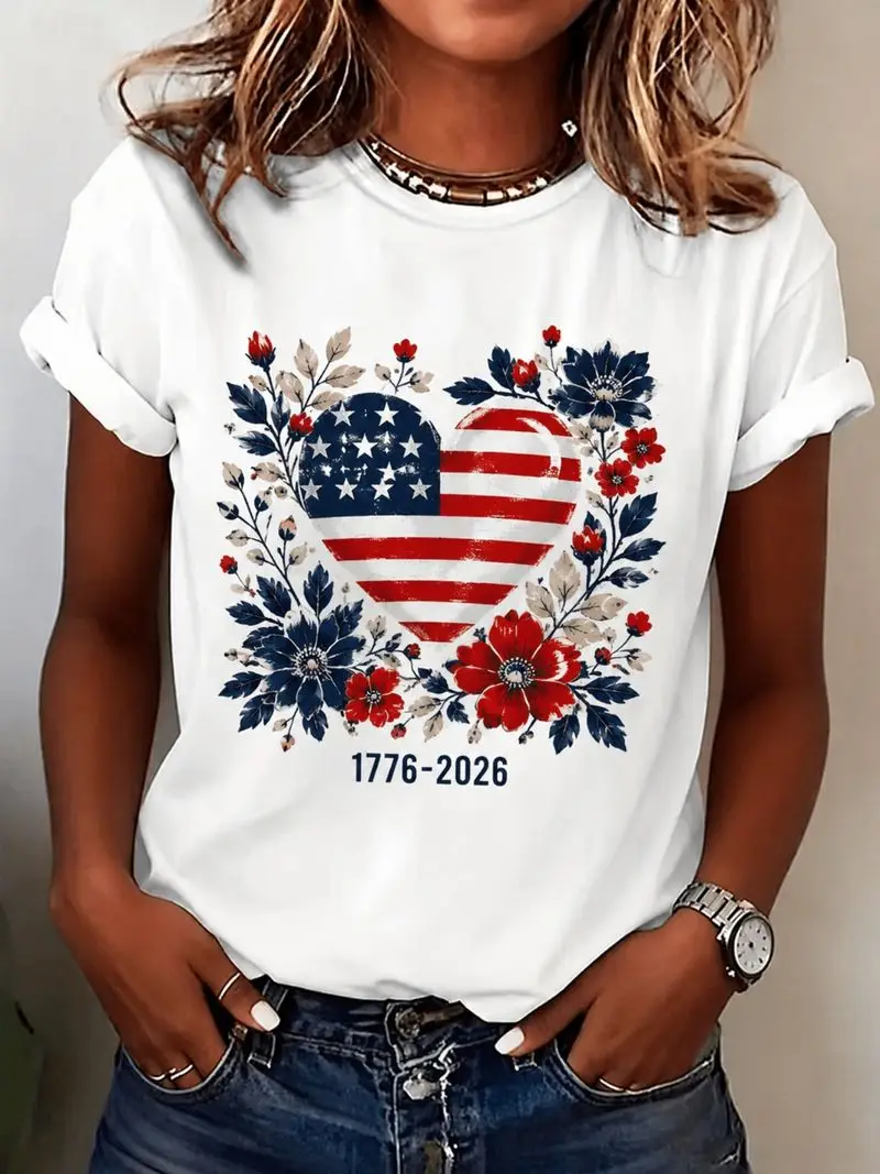 Plus Size American Flag Heart Floral Pattern Casual Short-Sleeved Round Neck Top Medium-Stretch Machine Washable For All Seasons