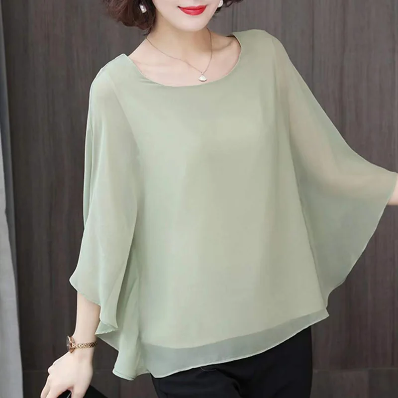 Elegante Cor Sólida All-match Batwing Sleeve Blusa Roupas Femininas 2023 Verão Nova Solta Casual Pullovers Chiffon Camisa Coreana