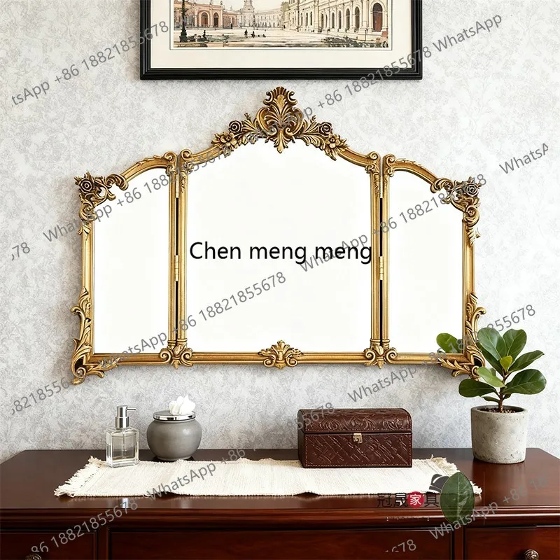 

French vintage carved trifold mirror European bathroom wall mounted three-sided mirror bedroom desktop