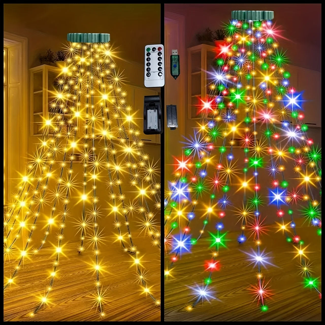 مصابيح شلال شجرة عيد الميلاد LED 400/320 - تعمل بمنفذ USB مع جهاز تحكم عن بعد، أبيض دافئ ولون، 8 أوضاع، للحديقة/الفناء/ديكور المنزل