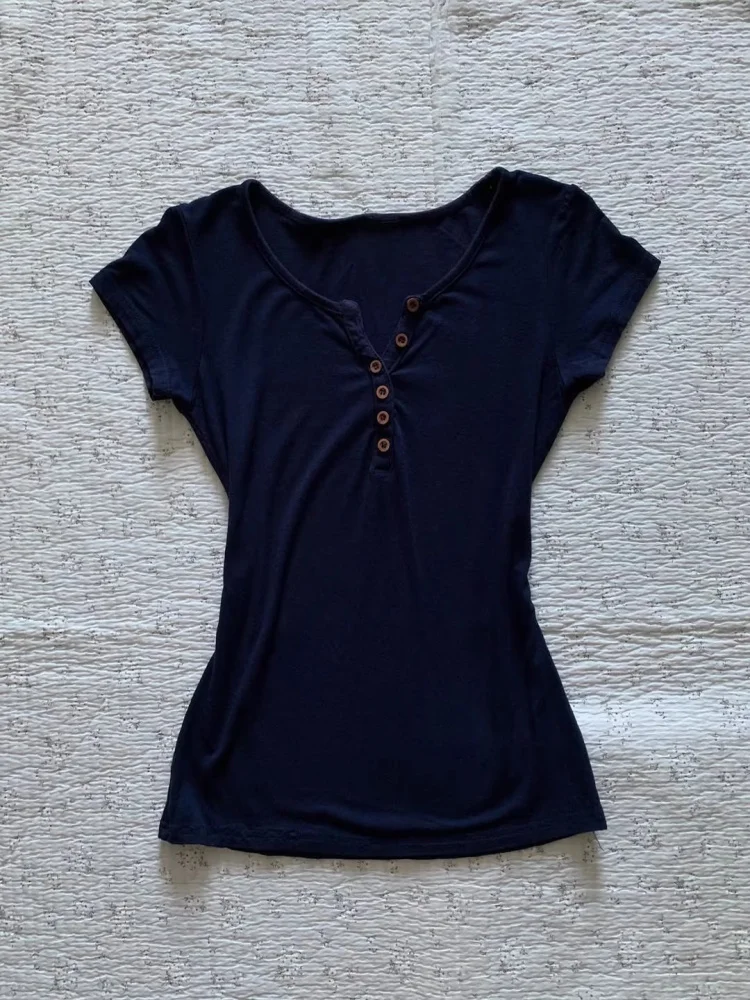 Slim Fit Blue T-irt Women's Summer Casual Sle ort Sve Pure Color Printed Cotton Top Ele Faionable New Arrival