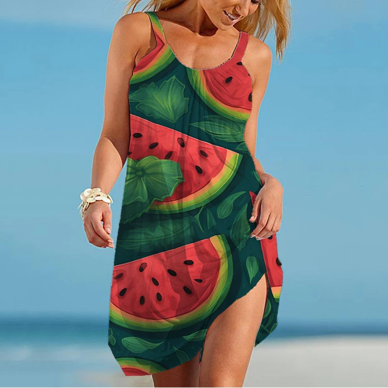 Summer new ladies suspender dress, watermelon 3D printed lady camisole dress, fashion trend, casual loose ladies suspender dress