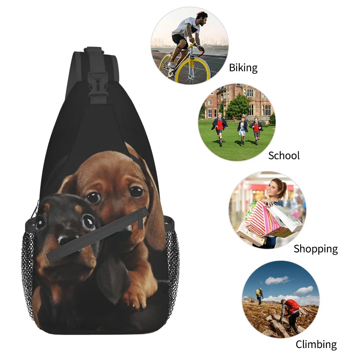 Dachshund Dog Crossbody Sling Bag Pattern Chest Bag Wiener Sausage Doxie Shoulder Backpack Daypack for Travel Hiking Sports Pack