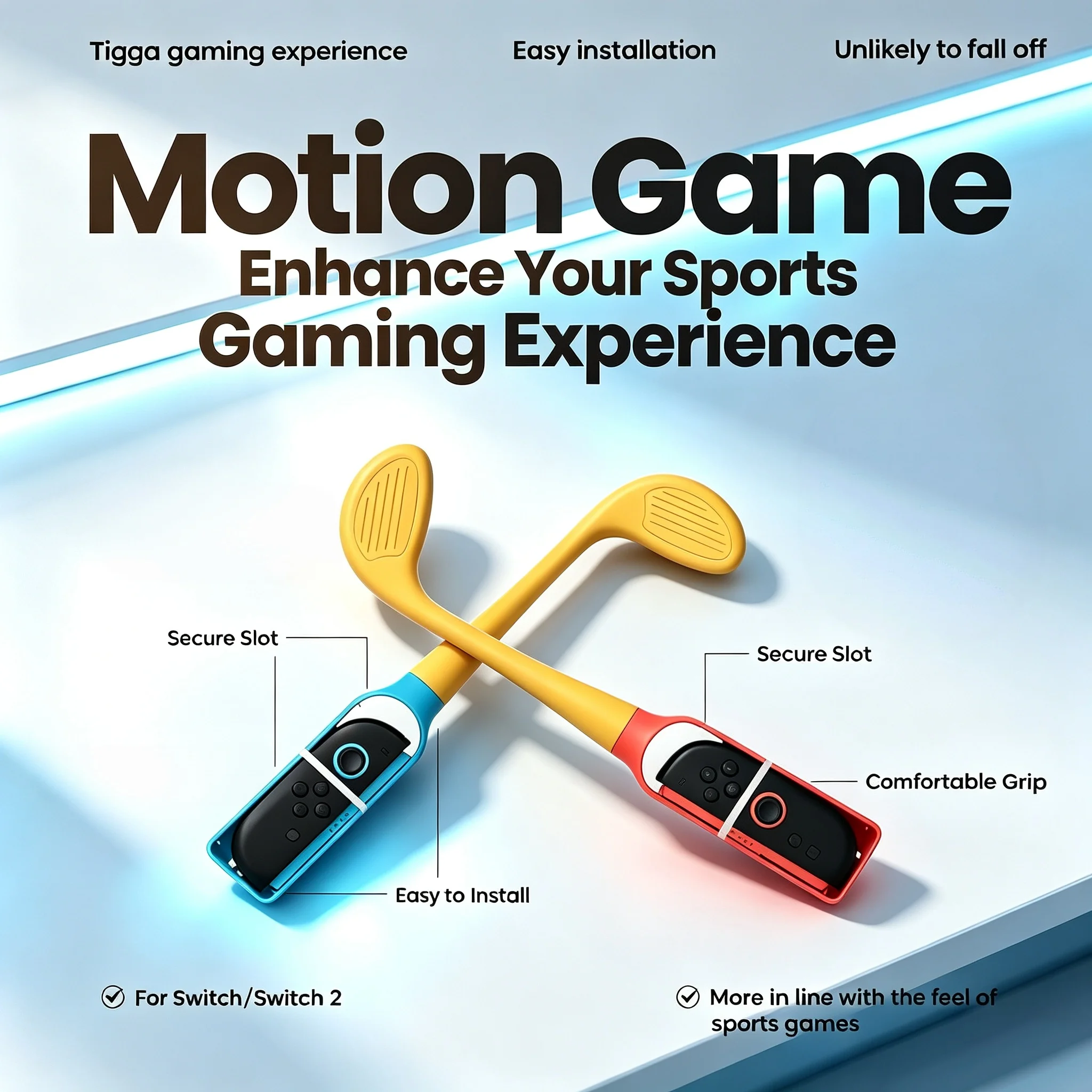 Golf Club Grip for Switch 2 & Switch Joy-Con Handle Controller Holder Motion Sports Game Accessory with 2 Extension Strips