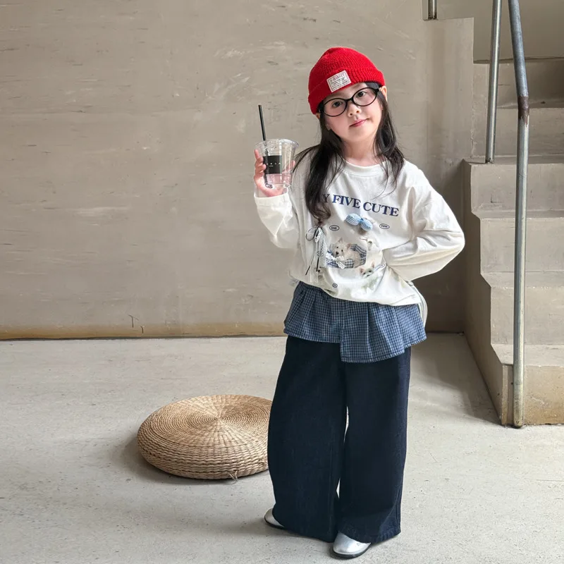 

2024 осень-зима, хлопковый комплект из 2 предметов, детский топ, пуловер, джинсы, футболка с длинными рукавами для девочек, штаны-основа для детей 3-12 лет