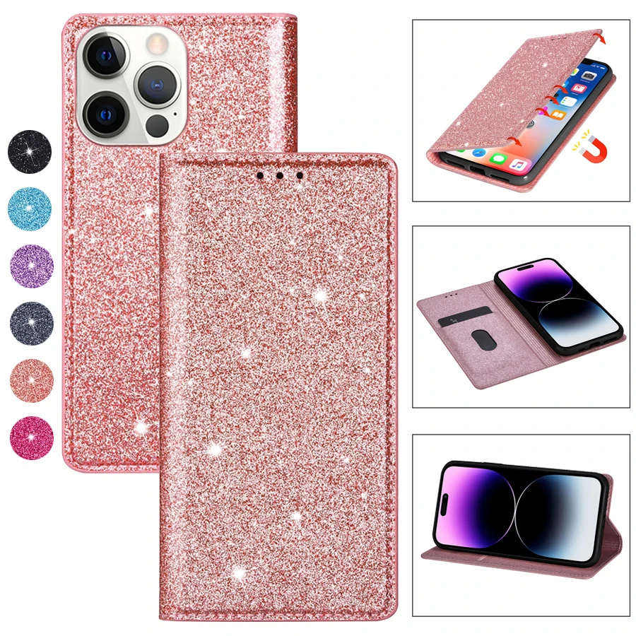 

Wallet Bling Glitter Case Leather Flip Stand Case For iPhone 14 Pro Max 13 12 11 SE 2022 X XR XS Max 8 7 6S 6 Plus 5 5S Cover