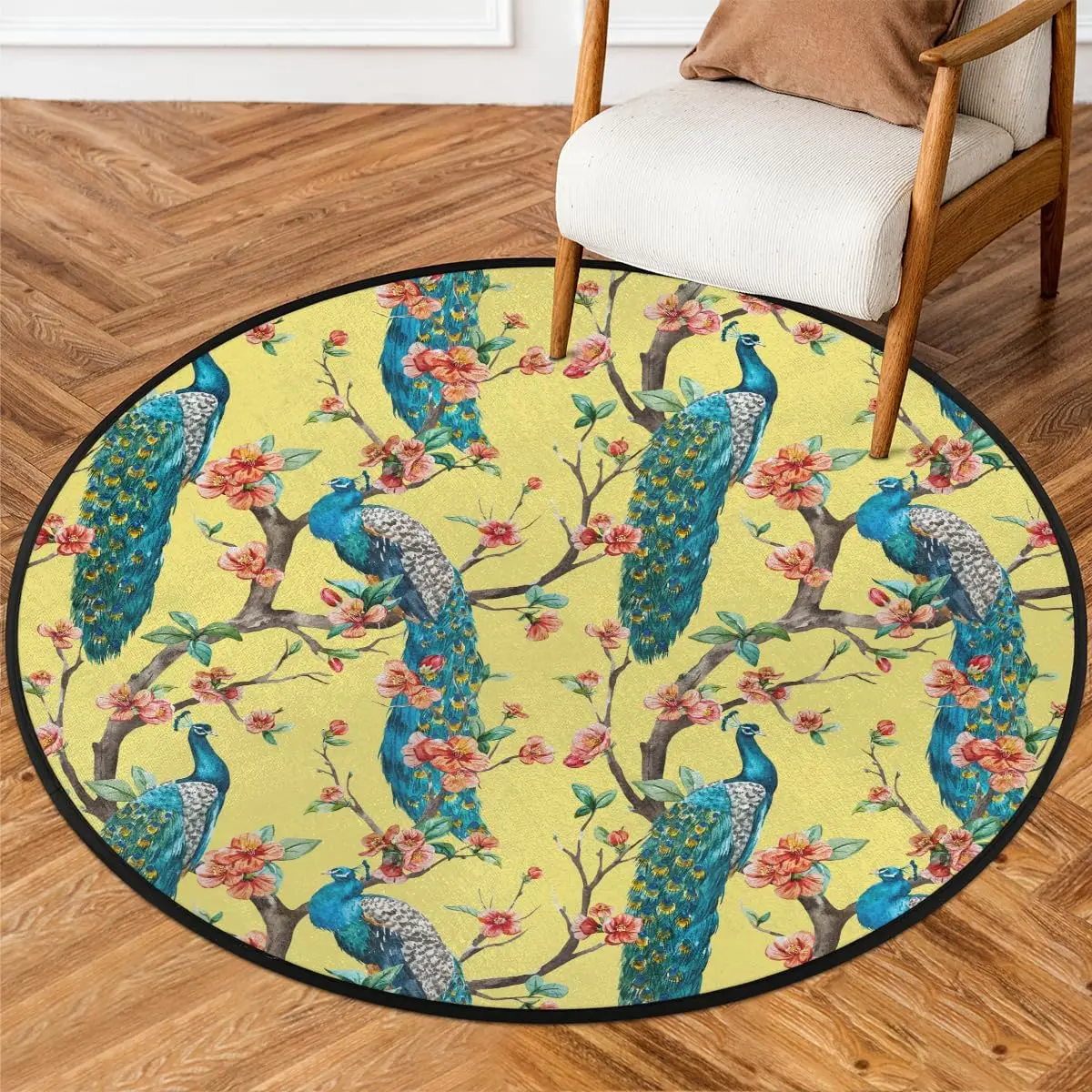 

Круглый ковер с павлином на ветке, моющийся мягкий круглый напольный коврик, нескользящие коврики с низким ворсом для детской комнаты, спальни, ванной комнаты