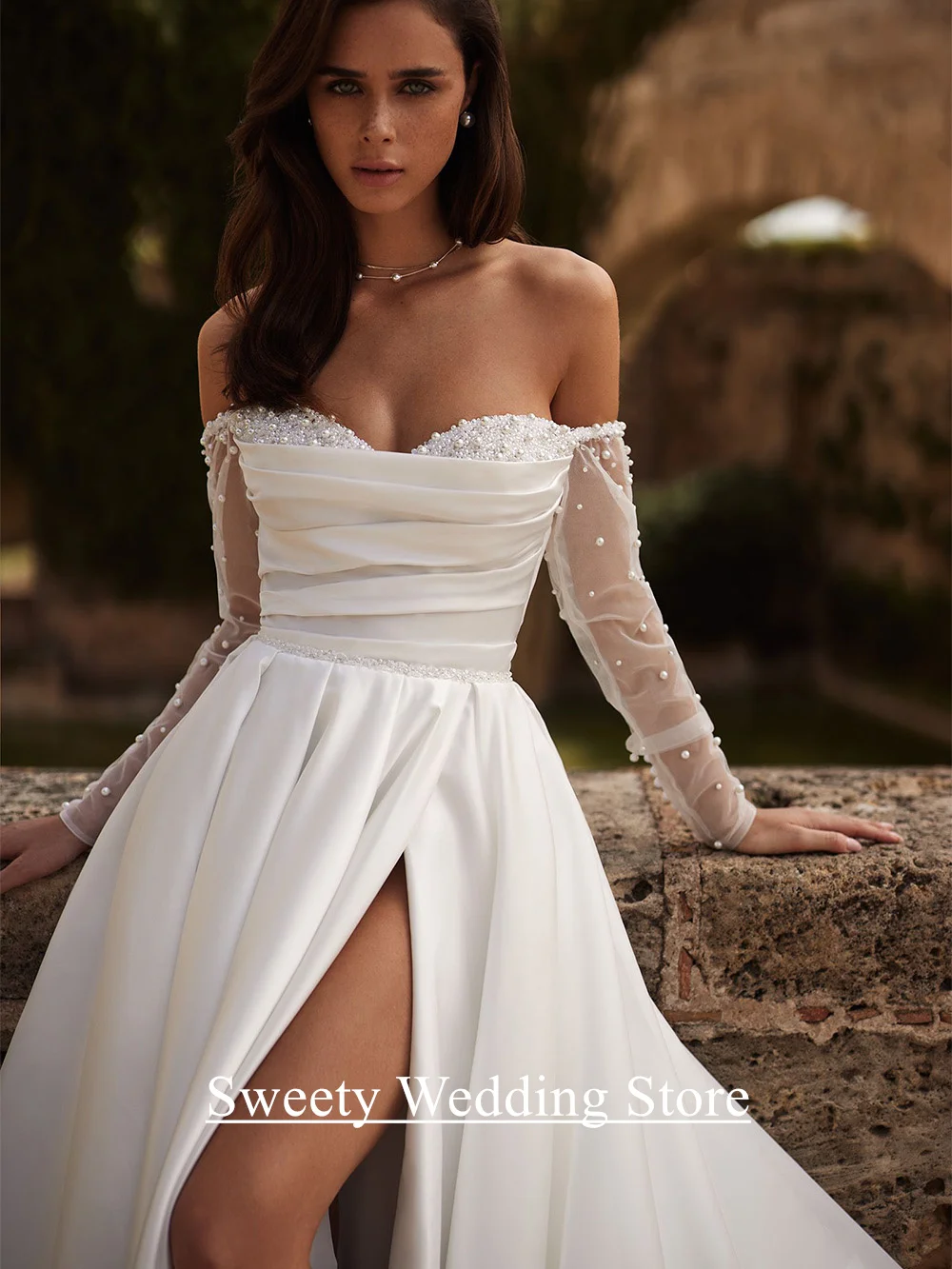 فستان زفاف أنيق مخصص الحبيب كم كامل الديكور اللؤلؤ عالية الشق قطار الاجتياح امرأة العروس ثوب الزفاف