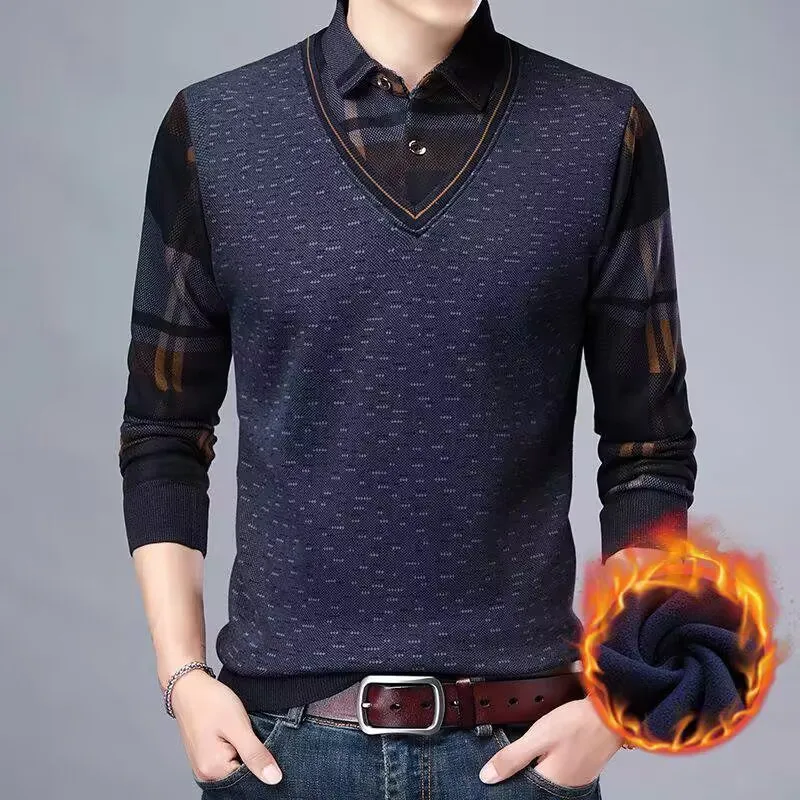 2024 Autumn And Winter Men\'s Wool Shirt Collar Sweater Fashion Grid Solid Warm Sweater Plus Velvet Thick Sweater M-3XL