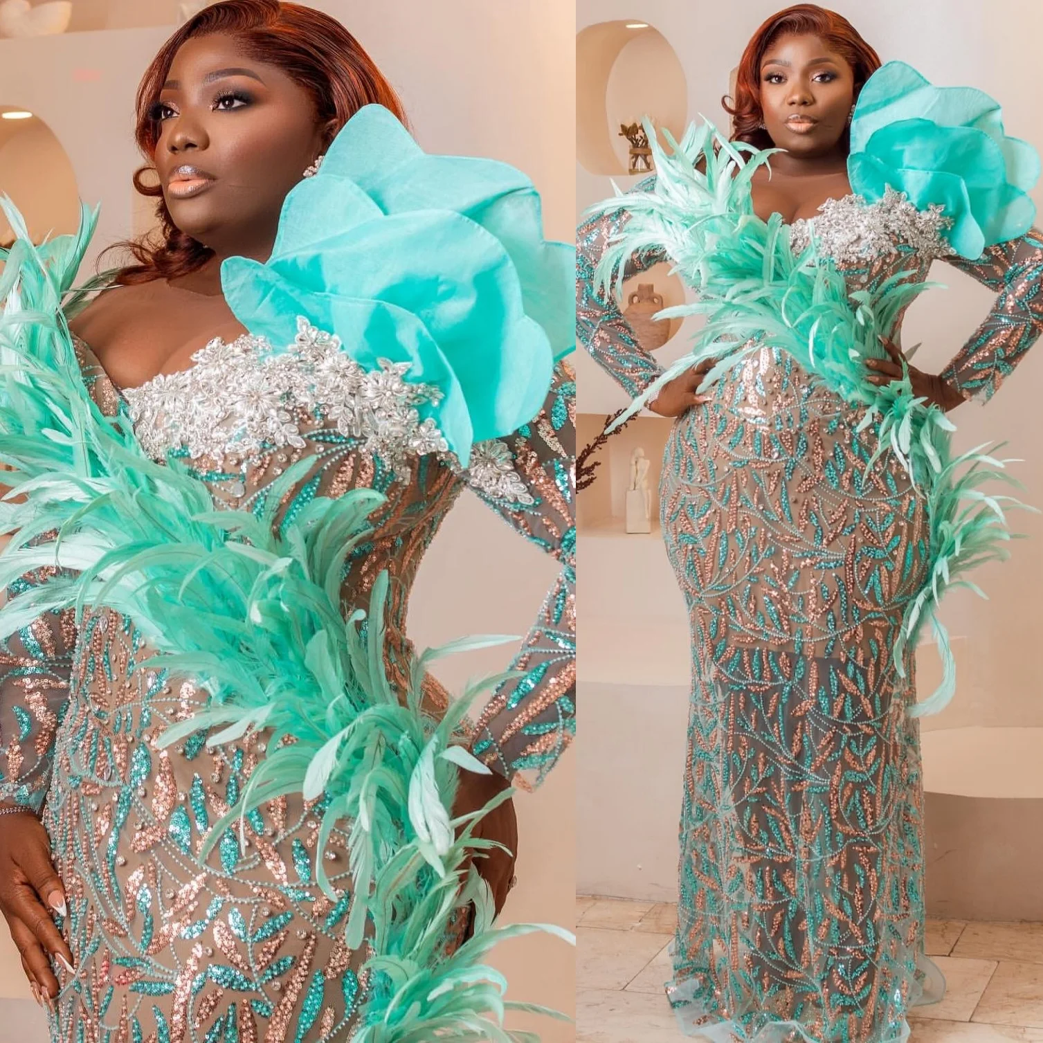 カスタマイズ2025セージイリュージョンマーメイドプロムドレスフェザークリスタルフラワーイブニングフォーマルパーティー誕生日ガウンワンピースZJ155
