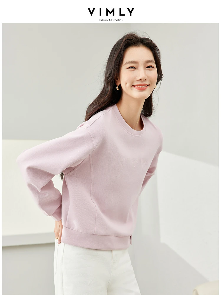 Vimly Lazy Style O-neck Pink Short Women\'s Sweatshirt 2024 Spring Straight Loose Solid Pullovers Long Sleeve Top for Woman M6550