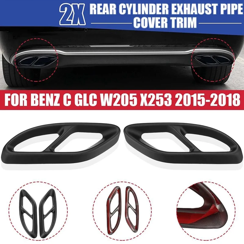 Matt Black Car Rear Dual Exhaust Pipe Stick Covers Auto Exhaust Muffler Trim For Benz C GLC W205 X253 2015- 2018