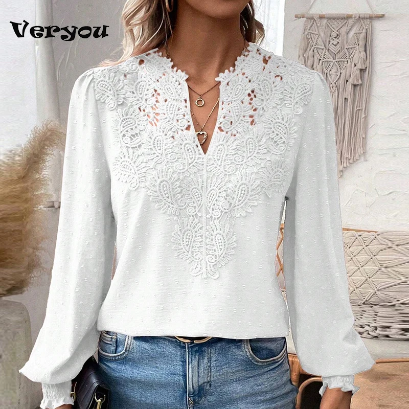 Fashion Blouse For Womens Elegant V Neck Lace Patchwork Long Sleeve Shirt White Casual Women Pulovers