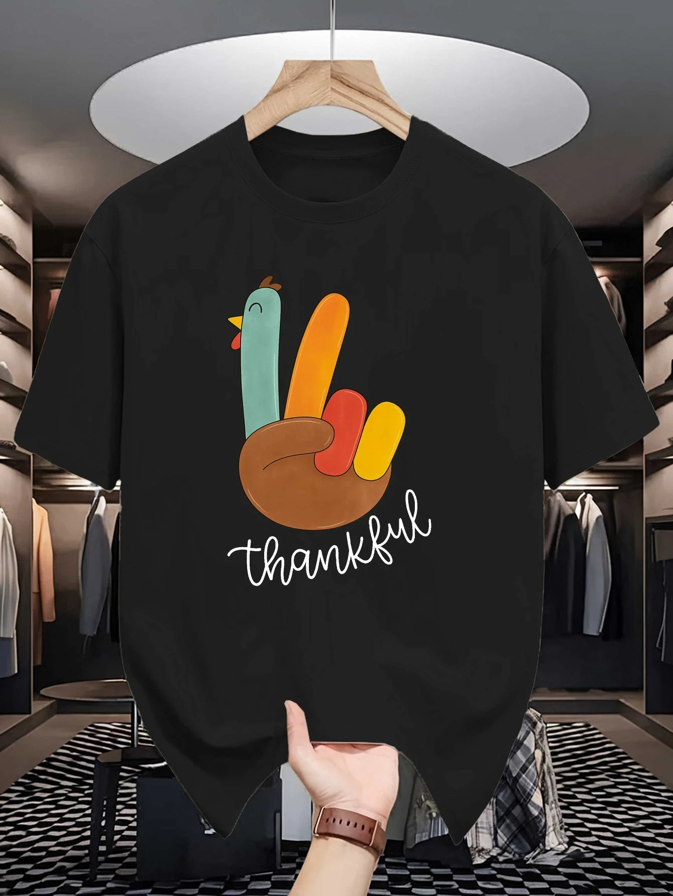 Men Short Sleeve T Shirt Thankful Turkey Peace Hand Thanksgiving Graphic Tees Loose Fit Casual Mens Top For Holiday Street Wear