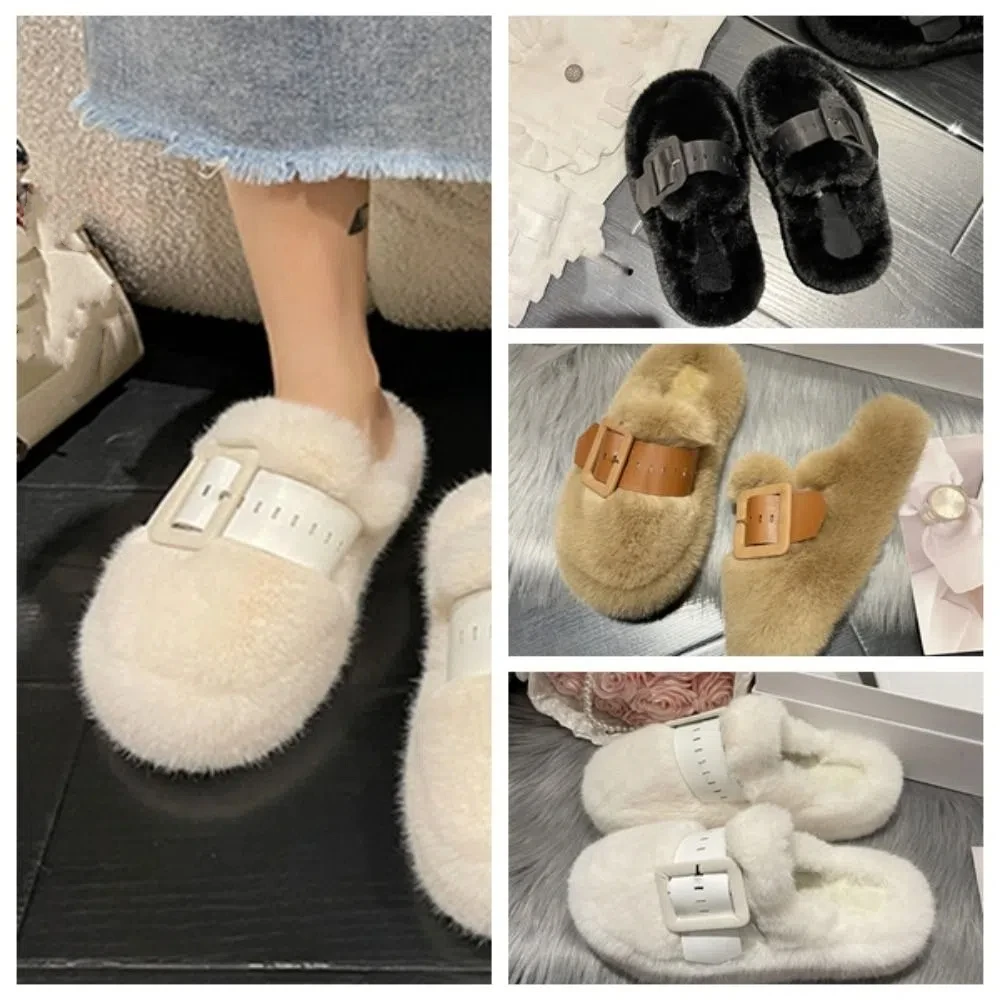 Bequeme Hausschuhe mit Ledergürtel und dicken Sohlen, flauschig, warm, weich, Plüsch-Hausschuhe, Heimschuhe, Kawaii-Fleece-Hausschuhe für Damen und Herren