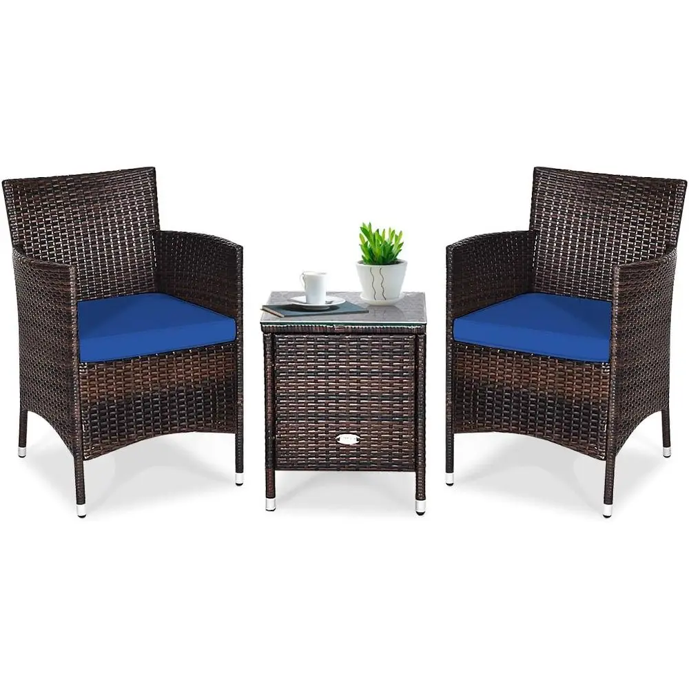 

Комплект садовой мебели из 3 предметов из плетеного ротанга с подушками, устойчивый к непогоде, для улицы, темно-синий