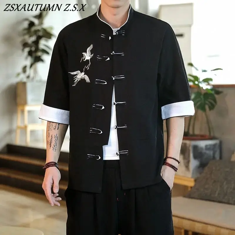 Summer Crane Embroidery Top Traditional Chinese Clothing for Men Vintage Half Sleeve Linen Shirts Madarin Collar Hanfu Kungfu