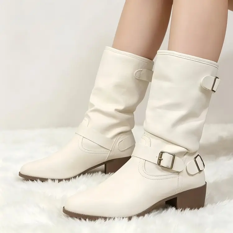 Weiße Westernstiefel mit Mehrfach-Schnallen, Rundem Zehenbereich und Blockabsatz für Damen – Detail 2