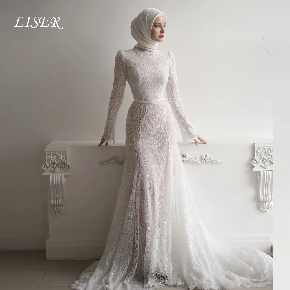 Liser High Neck A-Line Luxury Wedding Dresses Full Sleeves Silk Lace Elegant Bridal Gowns Customized فستان الزفاف