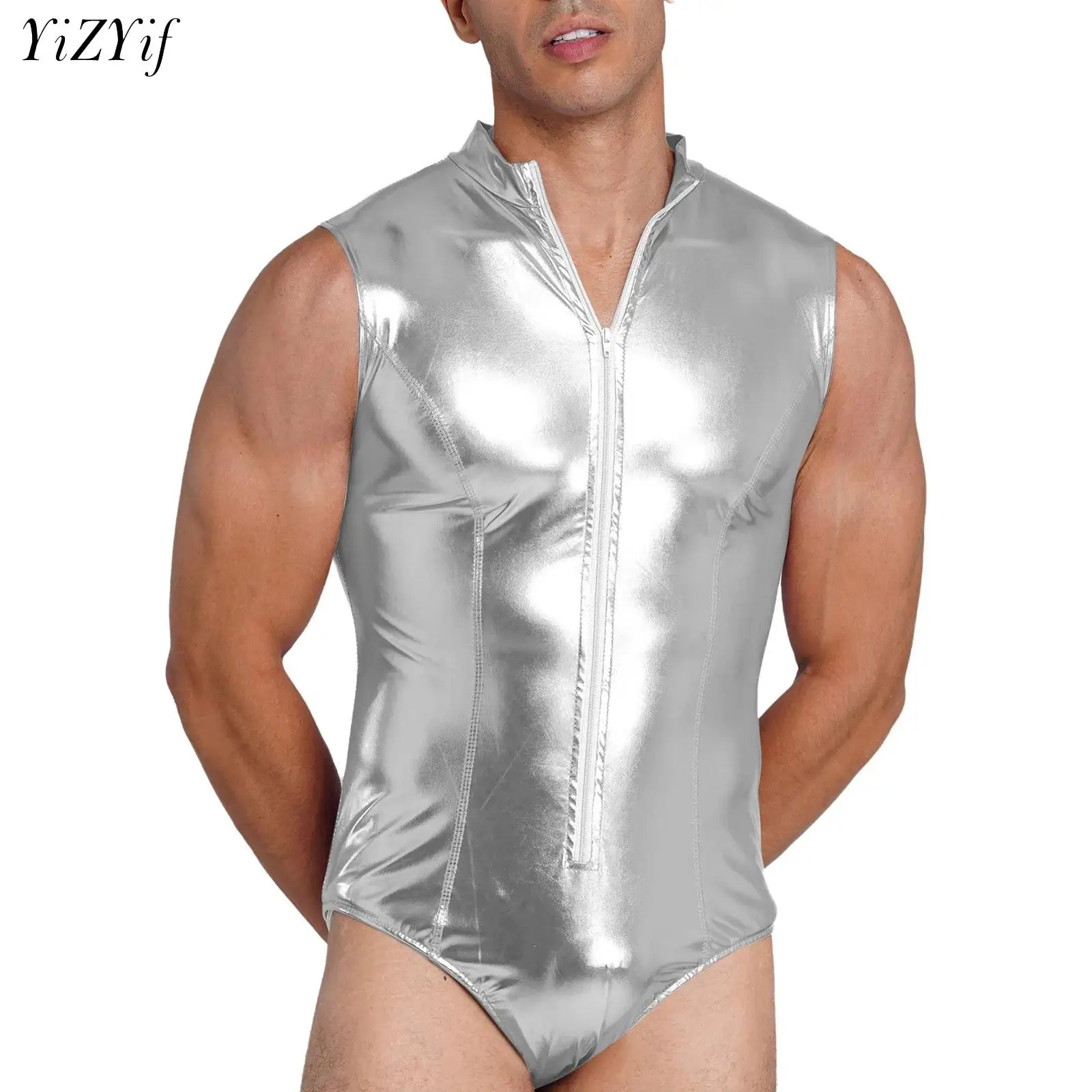 Mens Metallic Glossy Bodysuit Clubwear Mock Neck Sleeveless Front Zipper Leotard Swimwear Bathing Suit for Nightclub Rave Party