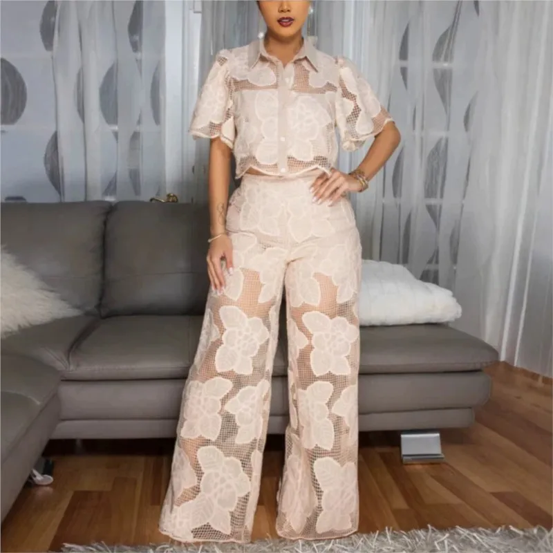 Fashion Lace Openwork Patched Collar Short Sleeved Shirt Women Set Sexy Openwork Ultra-Short Top + Wide Leg Pants Two Piece Set