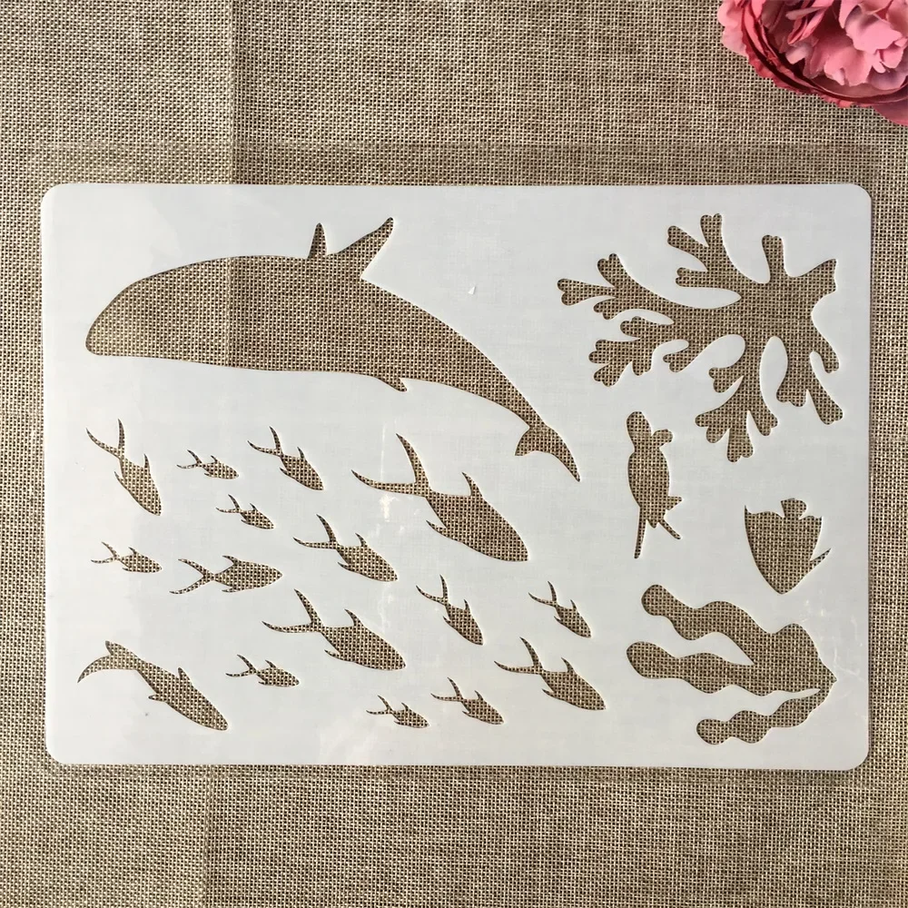 Plantillas de capas para manualidades, 4 piezas, A4, 29cm, ballena, tiburón, Delfín, medusas, pintura, álbum de recortes, para colorear, álbum de