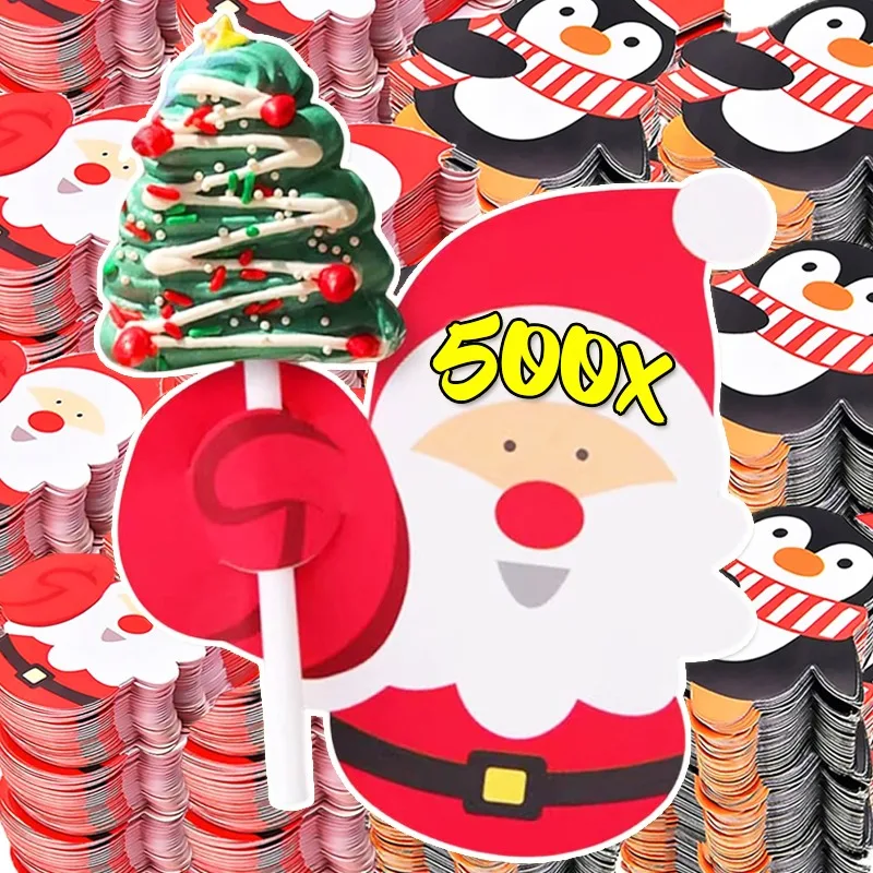 25/500PCS Christmas Lollipop Paper Cards Santa Claus Candy Party Favors Kids Lollipop Holder Package New Year Party Decoration