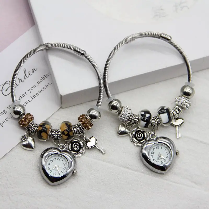 

Браслет-ключ из бисера с цветком и кварцевыми часами, регулируемый открытый браслет с подвеской, богемный стильный браслет для женщин