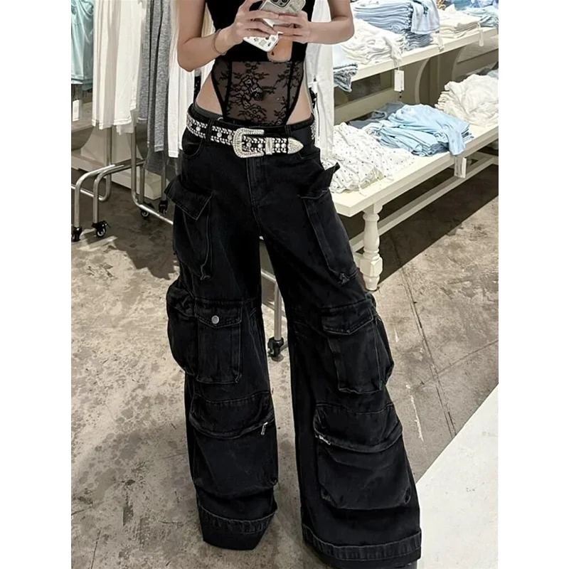 American Retro High Street Jeans Donna Casual 2000s Streetwear Tasche multiple Pantaloni larghi in denim Y2K Pantaloni larghi a gamba larga Grunge