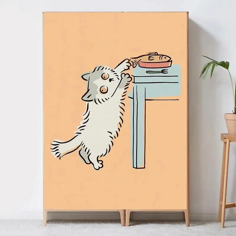 VIKAMA Cute Cartoon Cat Cabinet Curtain Cat Trying to Grab Fish Print Fabric Dust-proof Curtain Home Storage Decor