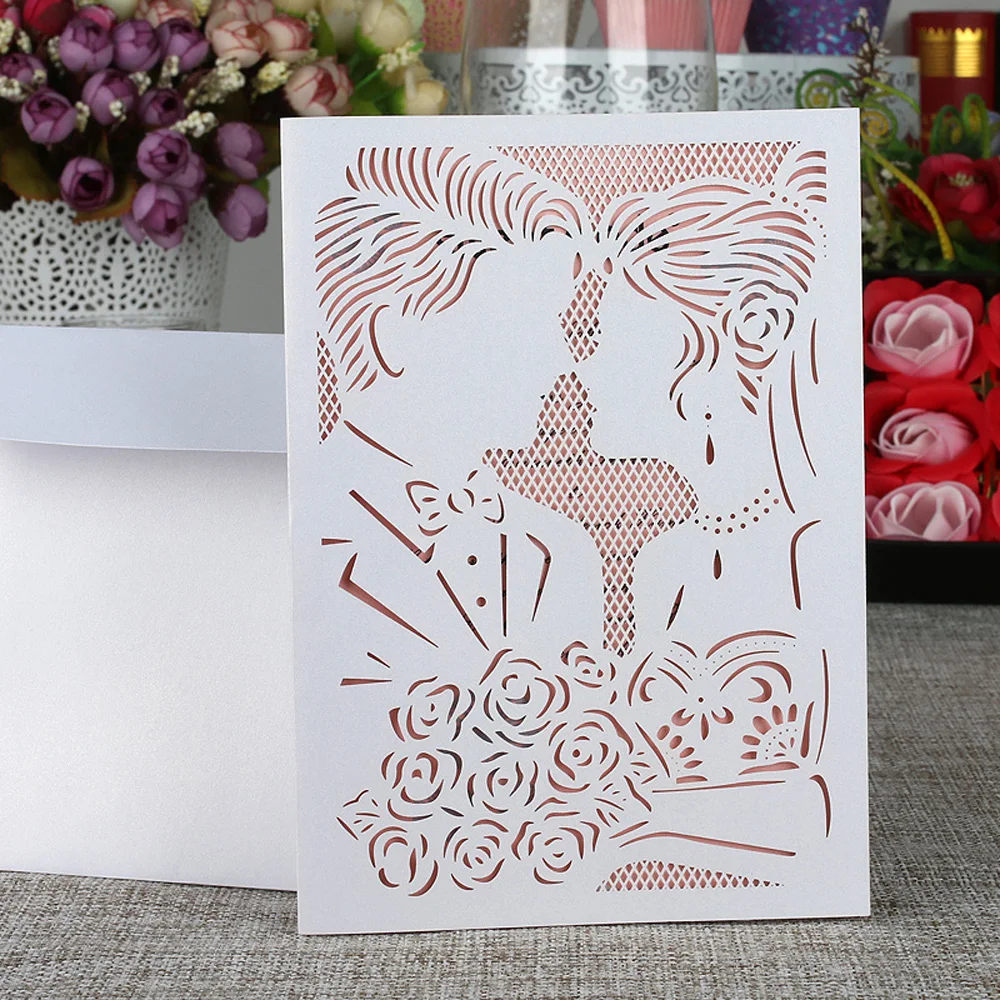 10 sztuk/paczka laserowo wycinane zaproszenie ślubne zestaw Bride Groom rzeźbione wzór 250gsm błyszczący perłowy papier zaproszenia