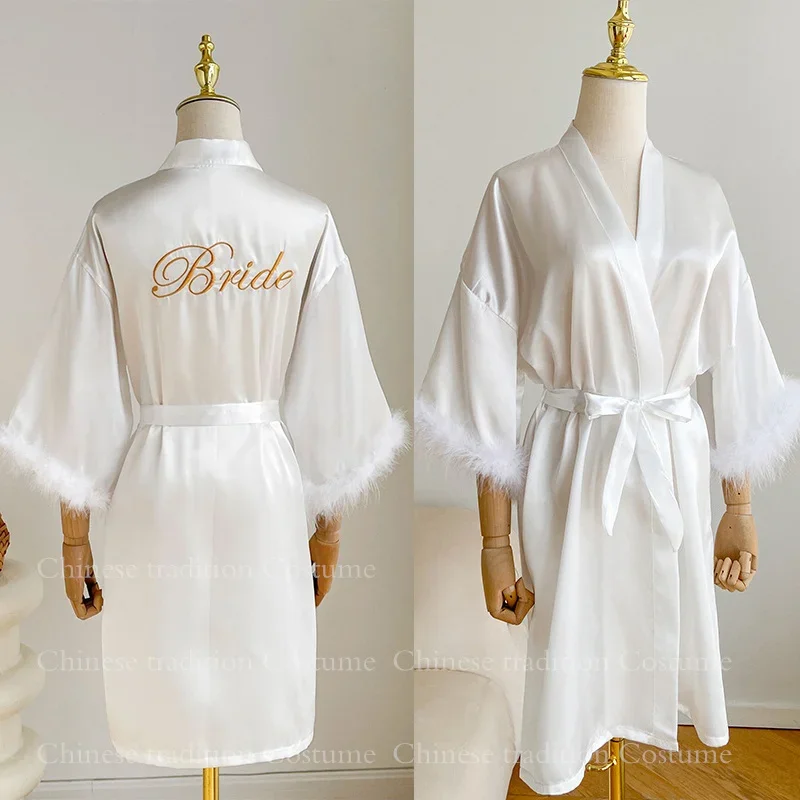 Women Satin Peignoir Sexy Bridesmids Kimono Gowns Champagne Bride Wedding Robe with Feathers Short Bathrobe Bridal Lingerie