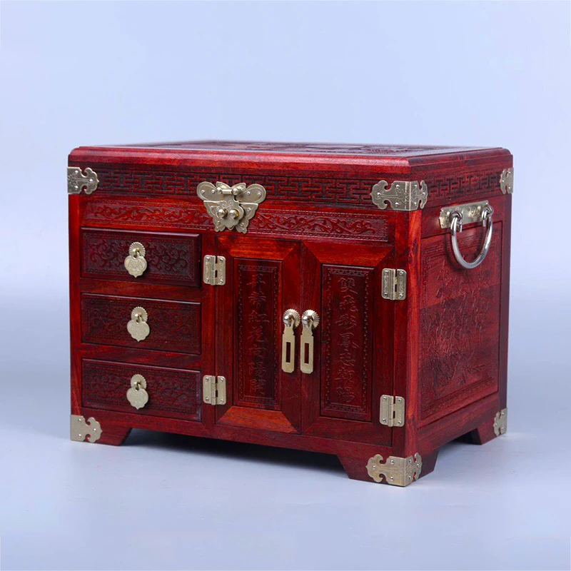 Chinese Style Small Leaf Red Sandalwood Carved Wedding Jewelry Mirror Box Wedding Small Hand Accessories Storage Box Jewelry Box