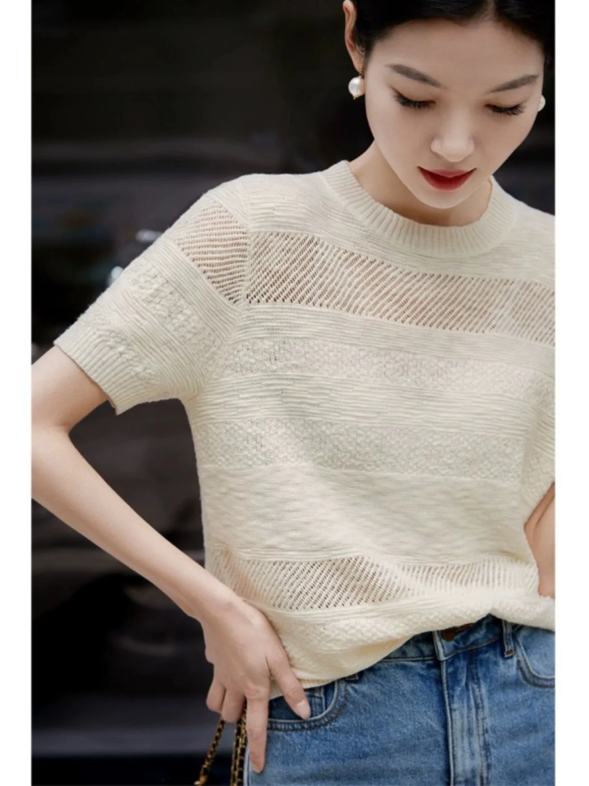 2024 New Cashmere short sleeves O-Neck hollow cashmere knit short sleeve women spring summer loose thin Cashmere short sleeves