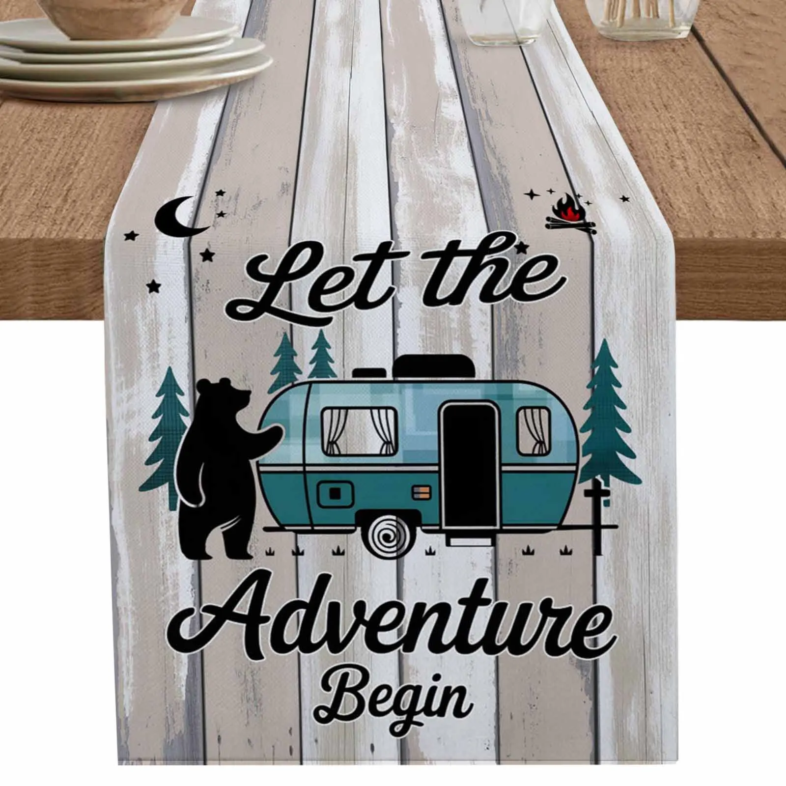

1 PCS Wood Grain Camper Van Bear Table Runner Party Polyester Table Cover for Home Dining Decoration