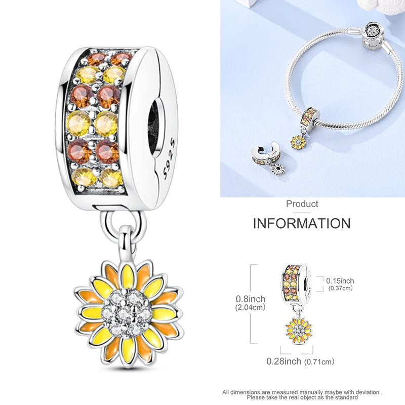 Katzen- und Sonnenblumen-Charm aus 925 Sterling Silber, gelbe Blume, Sonnenblume, Hausperlen, passend für Original-Armreifen, Damen-DIY-Schmuck – Detail 6