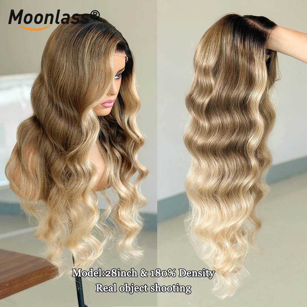 Moonlass Highlight Ombre Blonde 13x6 Lace Wig Cream Blonde Body Wave 100% Human Hair Vanilla Blonde Balayage 200% Density Wigs