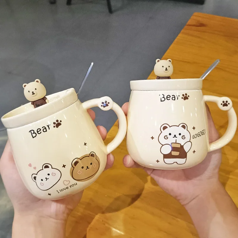 Creative Bear Ceramic Mug,Cute Cartoon Coffee Mugs with Lid Spoon,Breakfast Milk Drink Cups,Couple Water Cup,Office Tea Cup Set