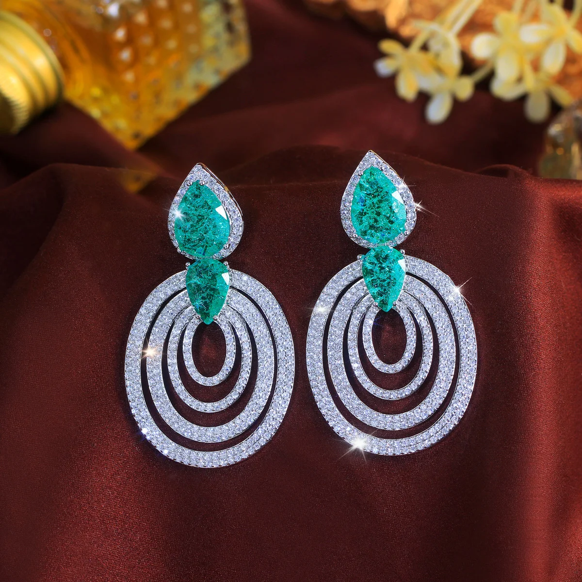CWWZircons Luxury Light Green Broken Ice Cubic Zircon Paved Multi Layer Oval Drop Earrings for Women Wedding Decor Jewelry E1198