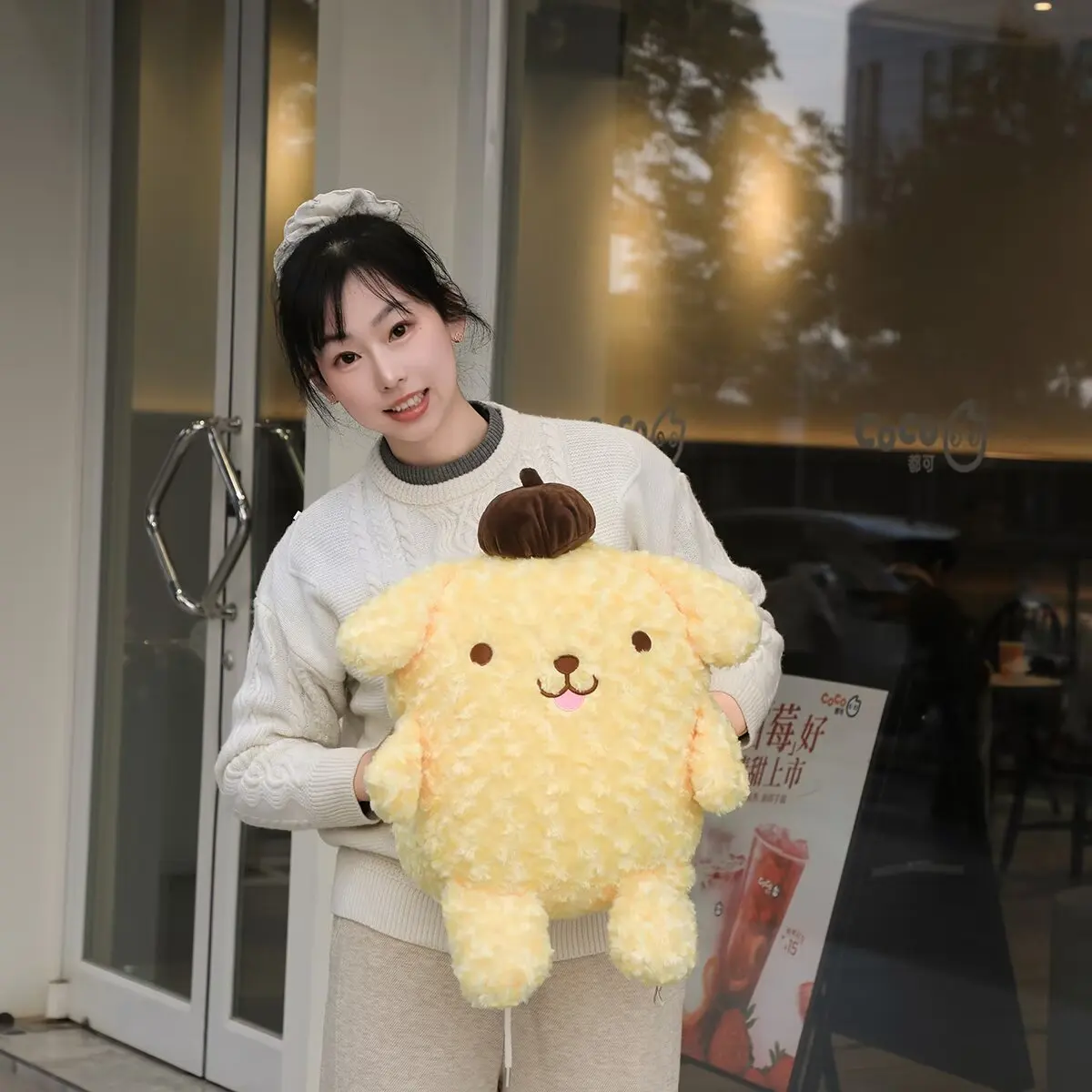 Adorável sanrio pom pom puirn brinquedos de pelúcia kawaii sanrio pompompurin bonecas de pelúcia decoração do quarto almofada cabeceira sofá travesseiro