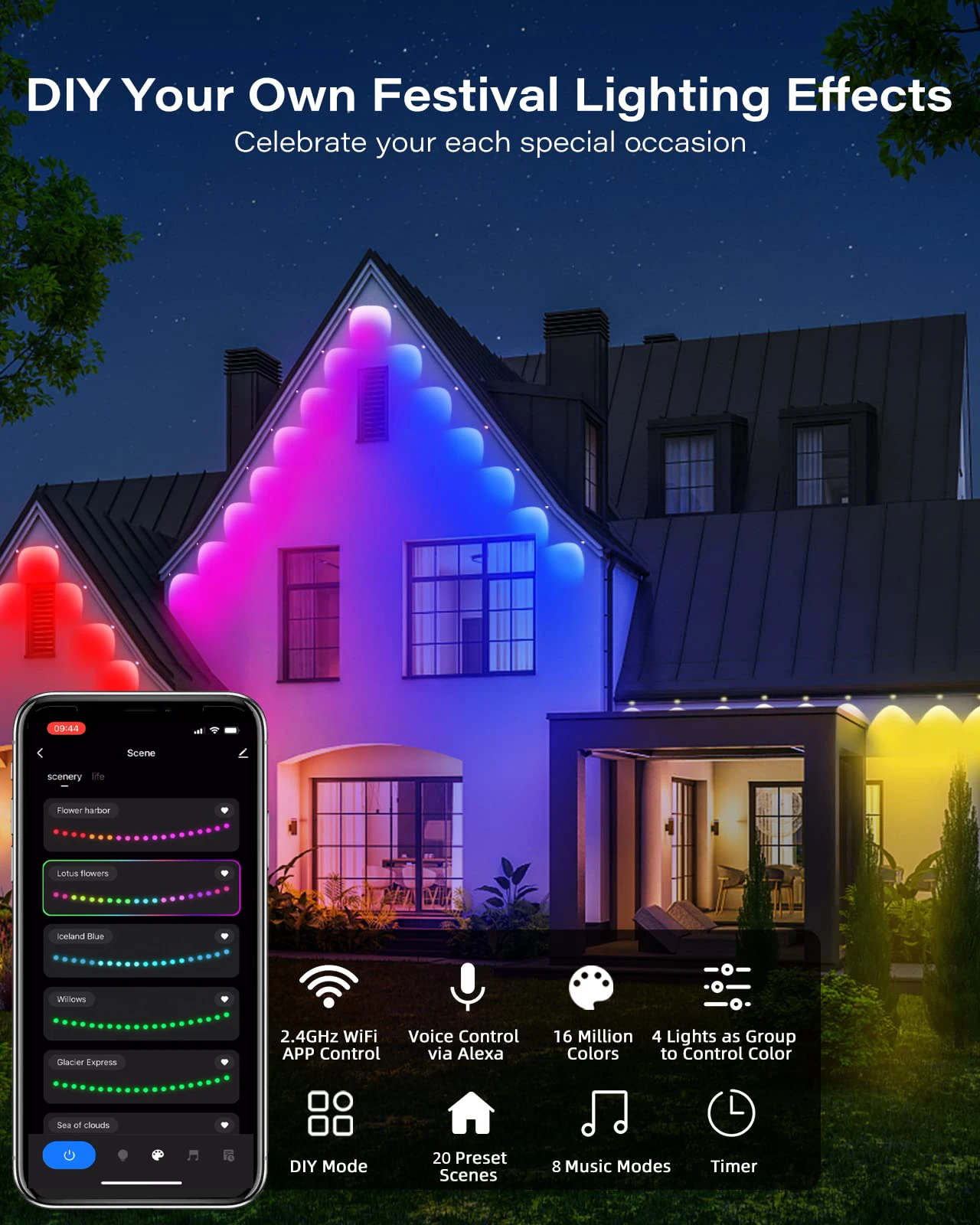 Wiscolor أضواء الطنف الذكية WIFI RGBIC Eaves Lights  مصابيح الإضاءة الخارجية الدائمة  خيوط الإضاءة الخارجية المقاومة للماء بالتحكم في التطبيق تعمل مع Alexa وGoogle Assistant