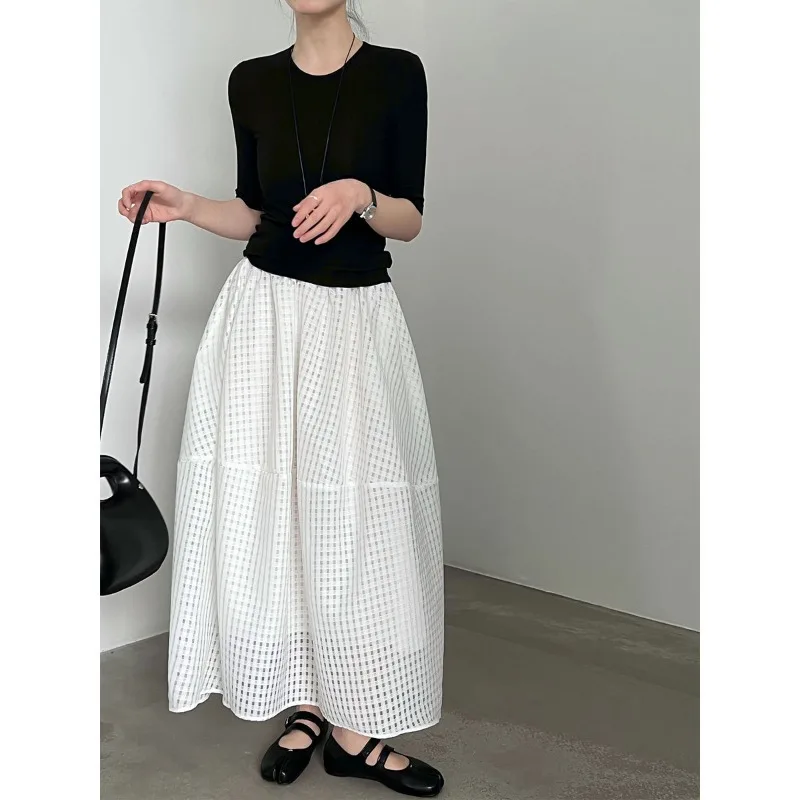 Hollow Plaid Summer New Niche Bud Elastic Waist A-shaped  Umbrella Skirt